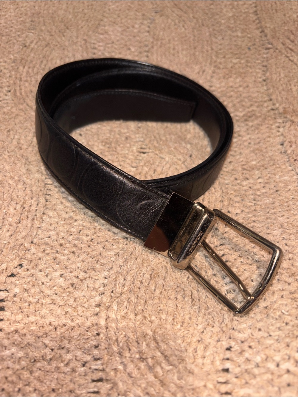 Coach Black Signature Embossed Leather Reversible Belt Silver Buckle 32-36”